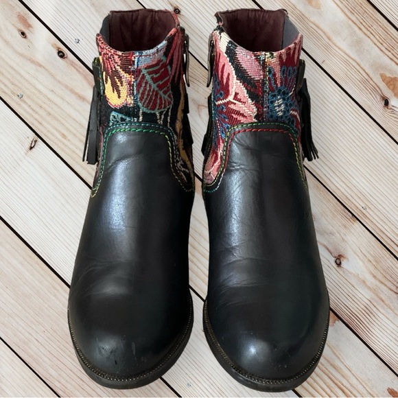 L' Artiste Spring Step Live Leather Tapestry Floral Ankle Bootie Fringe Women - Picture 7 of 15